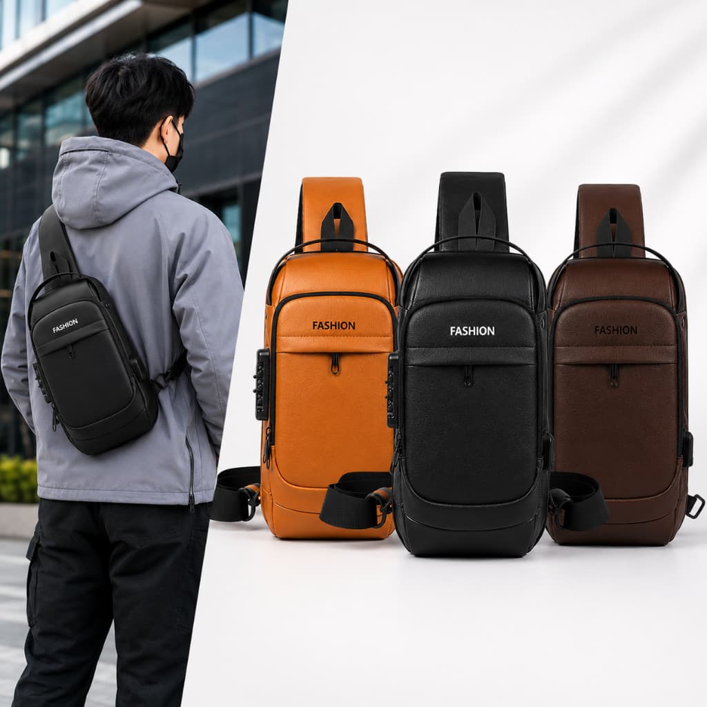 Bolsa Transversal Trava Bag Usb Couro Masculina Impermeável Pochete Peito Segura Cadeado