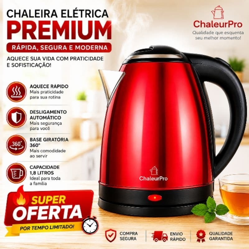 Chaleira Elétrica Inox 1,8L 220V Desligamento Automático Vermelha, Inox Base Giratoria 360 Graus