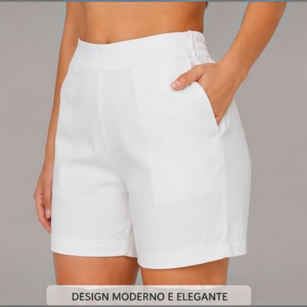 Bermuda feminina branca, short cintura alta, moda verão, look casual elegante, estilo confortável, com zíper