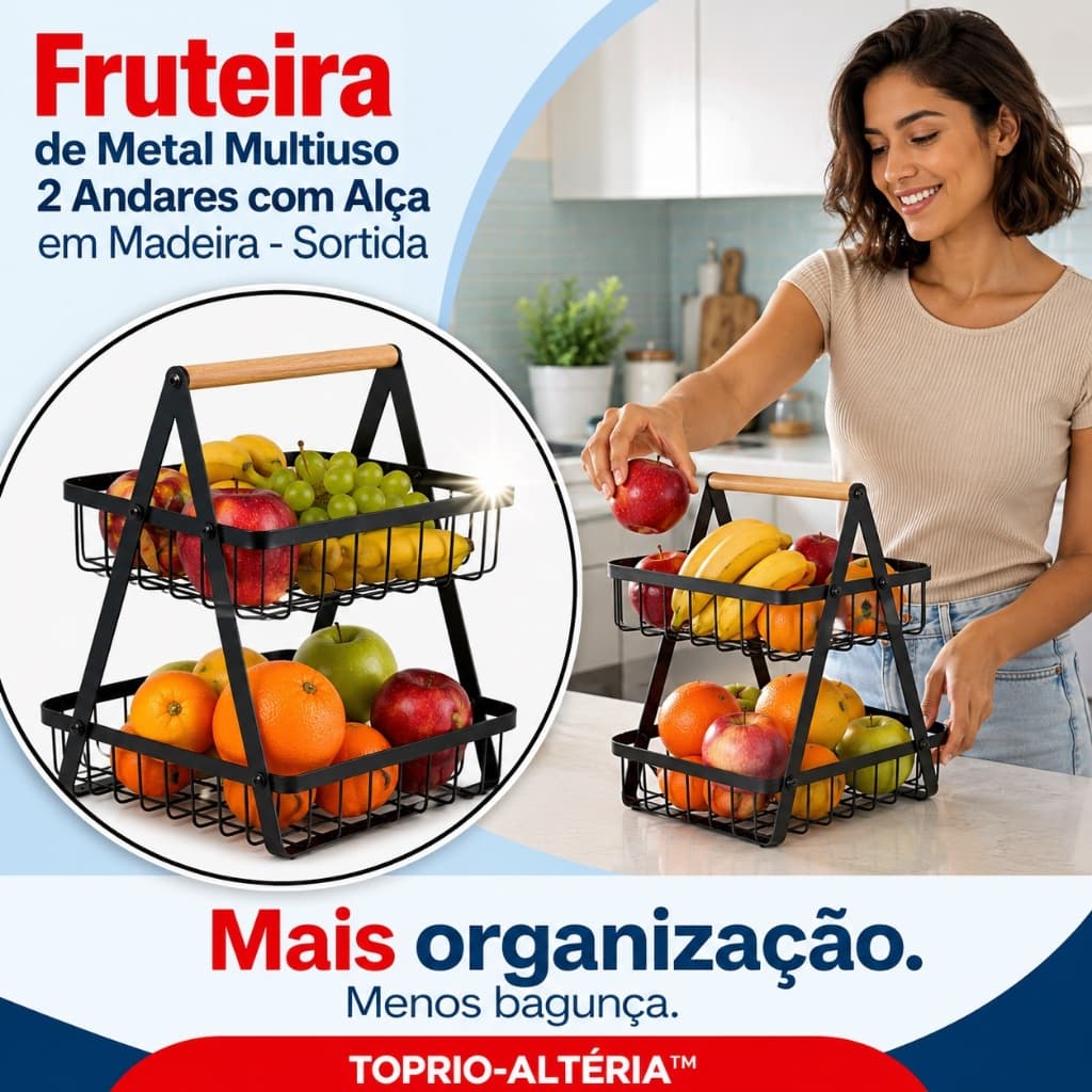 Fruteira de Metal 2 Andares com Alça de Madeira Organizador de Frutas Legumes Multiuso Cozinha