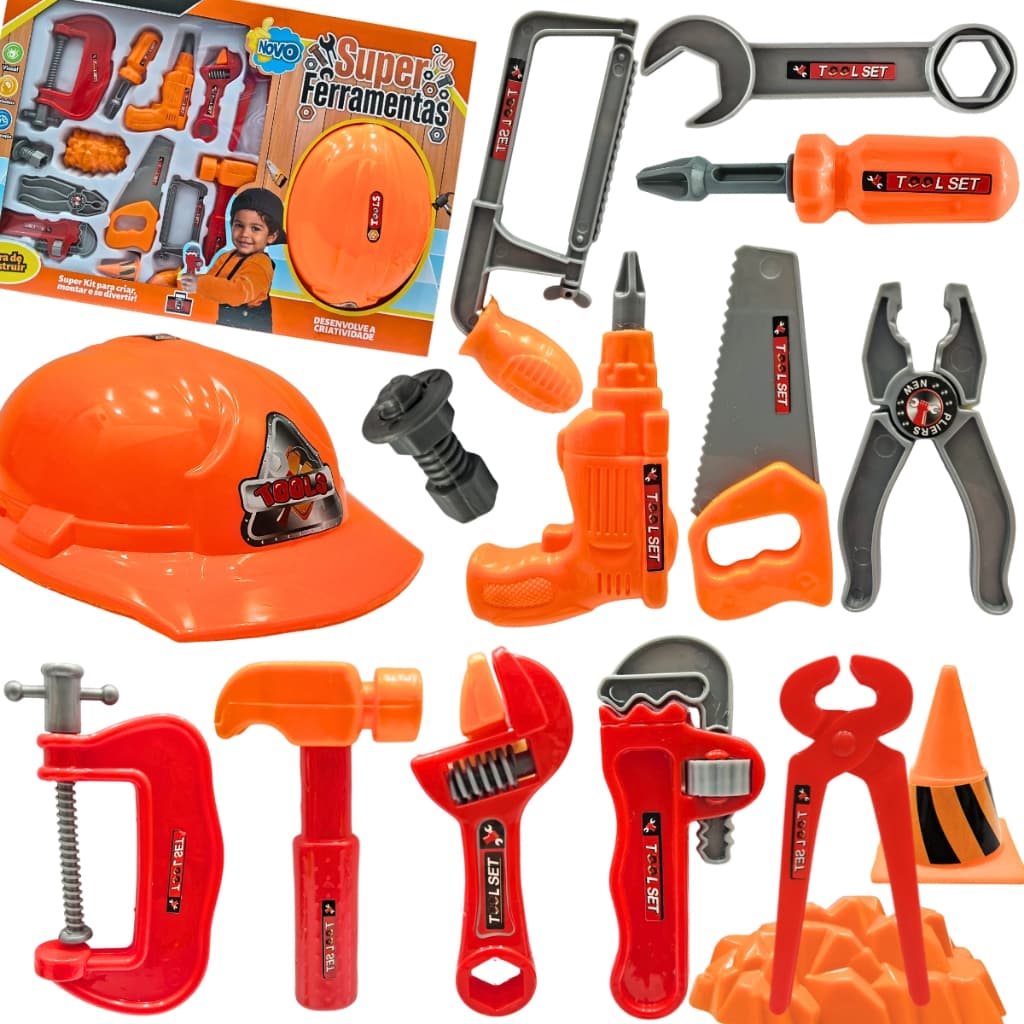 Kit Ferramentas Brinquedo Capacete Infantil Criança Kit Mecânico Educativo 15 Peças Caixa Presente