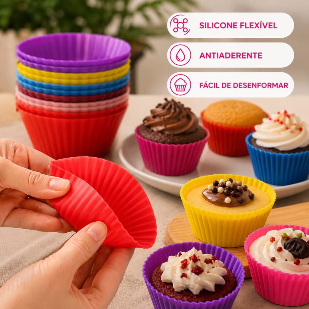 Kit 12 Formas de Silicone para Cupcake Muffin e Doces, formas, silicone, cupcake, muffin, confeitaria, forno, doces