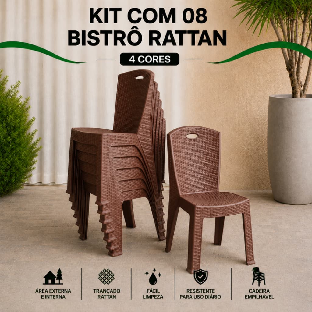 Kit 8 Cadeiras Bistrô Rattan Reforçada Empilhável Escritório Varanda Piscina Salão Jardim Área Lazer