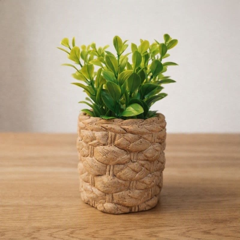 Vaso Cachepot de Cerâmica Efeito Palha com Planta Artificial para Decoração Sala Quarto Mesa Boho Chic
