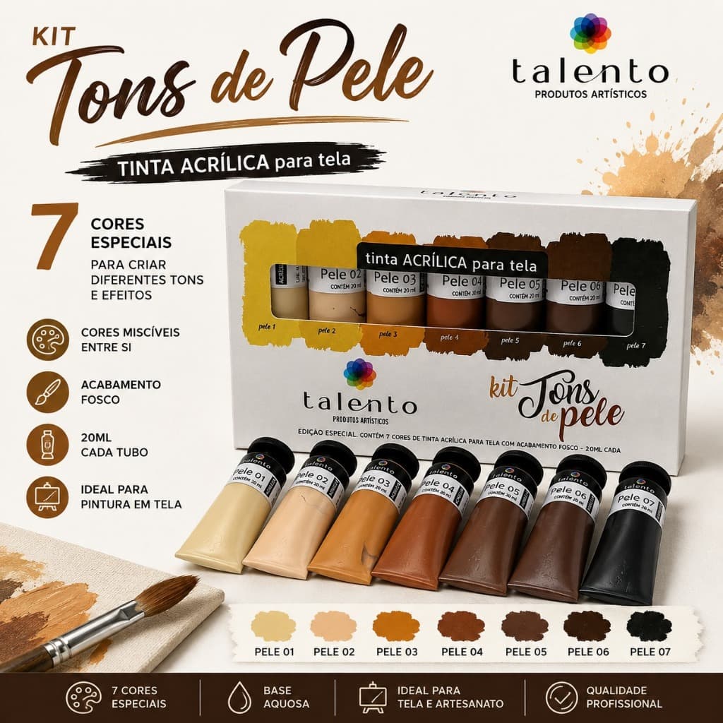 Kit Tinta Acrílica para Tela Tons de Pele Talento – 7 Cores 20ml