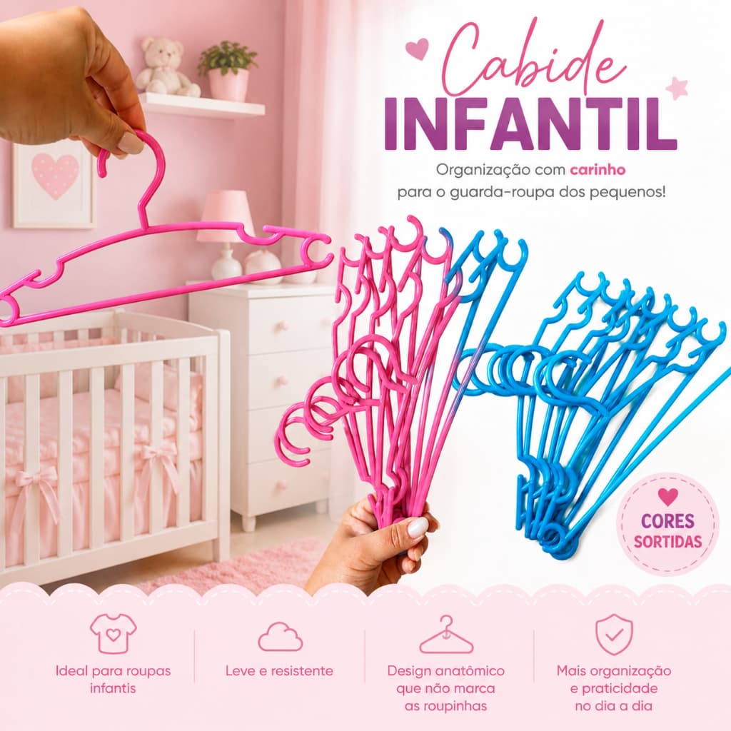 Kit com Até 100 Cabides Infantis Coloridos Bebê Criança Organização Premium
