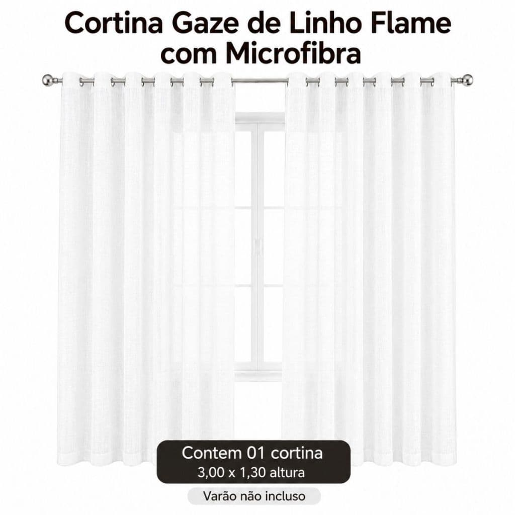 Cortina Gaze de Linho Flame  com forro de microfibra 3,00 m x 1,30 m Varão para quarto sala escritorio ou decoração