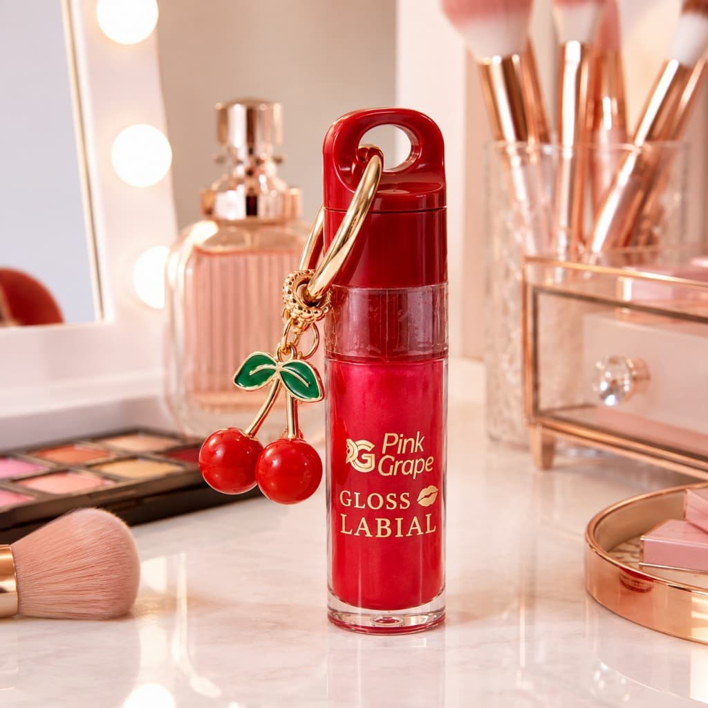 Gloss Labial Pink Grape Com Chaveiro De Cereja Brilho Portátil Feminino, Hidratante Labial, Gloss Para Bolsa