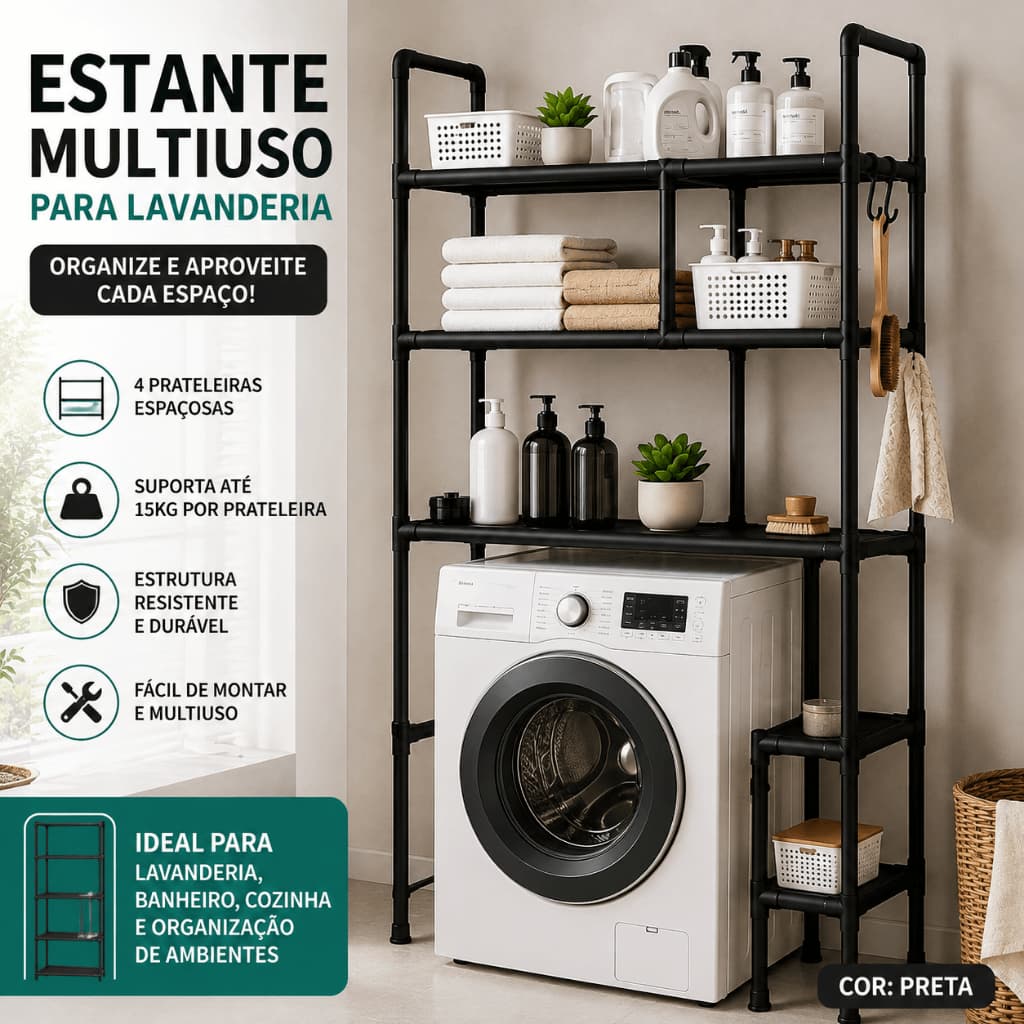 Estante Multiuso para Lavanderia Organizador 4 Prateleiras Preta para Máquina de Lavar