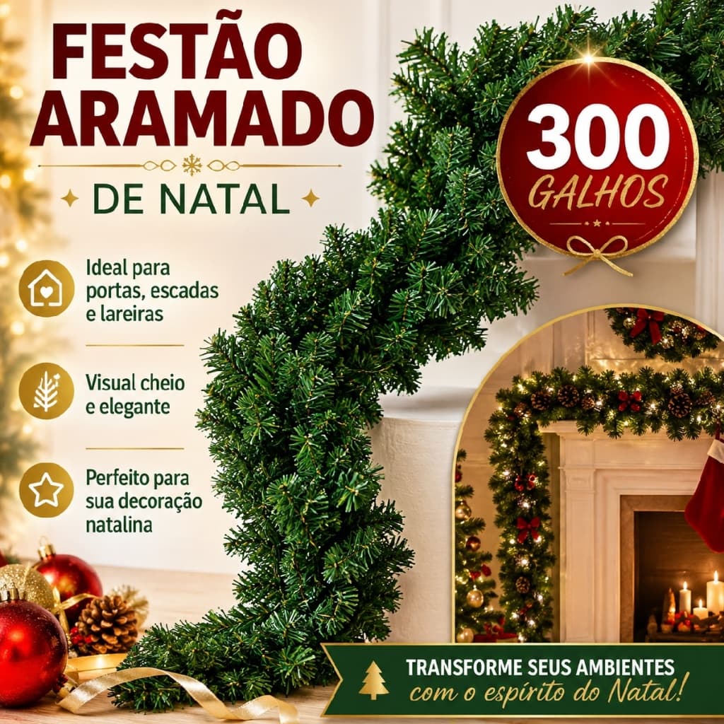 Festão Aramado Natal Grosso 270 Metros C/ 300 Galhos Cheios Flexível Decoração Natalino Item Luxo