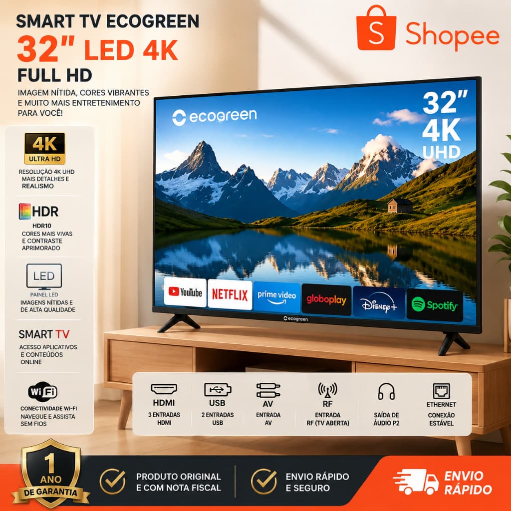 Smart TV Ecogreen 32 Polegadas LED 4K Full HD Wi-Fi Bluetooth USB Bivolt TV Digital Android 14