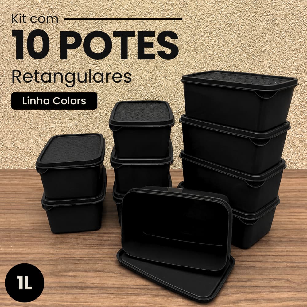 Kit 10 Potes Retangulares Marmita 1L Coloridos com Tampa Freezer Organizador Cozinha Geladeira