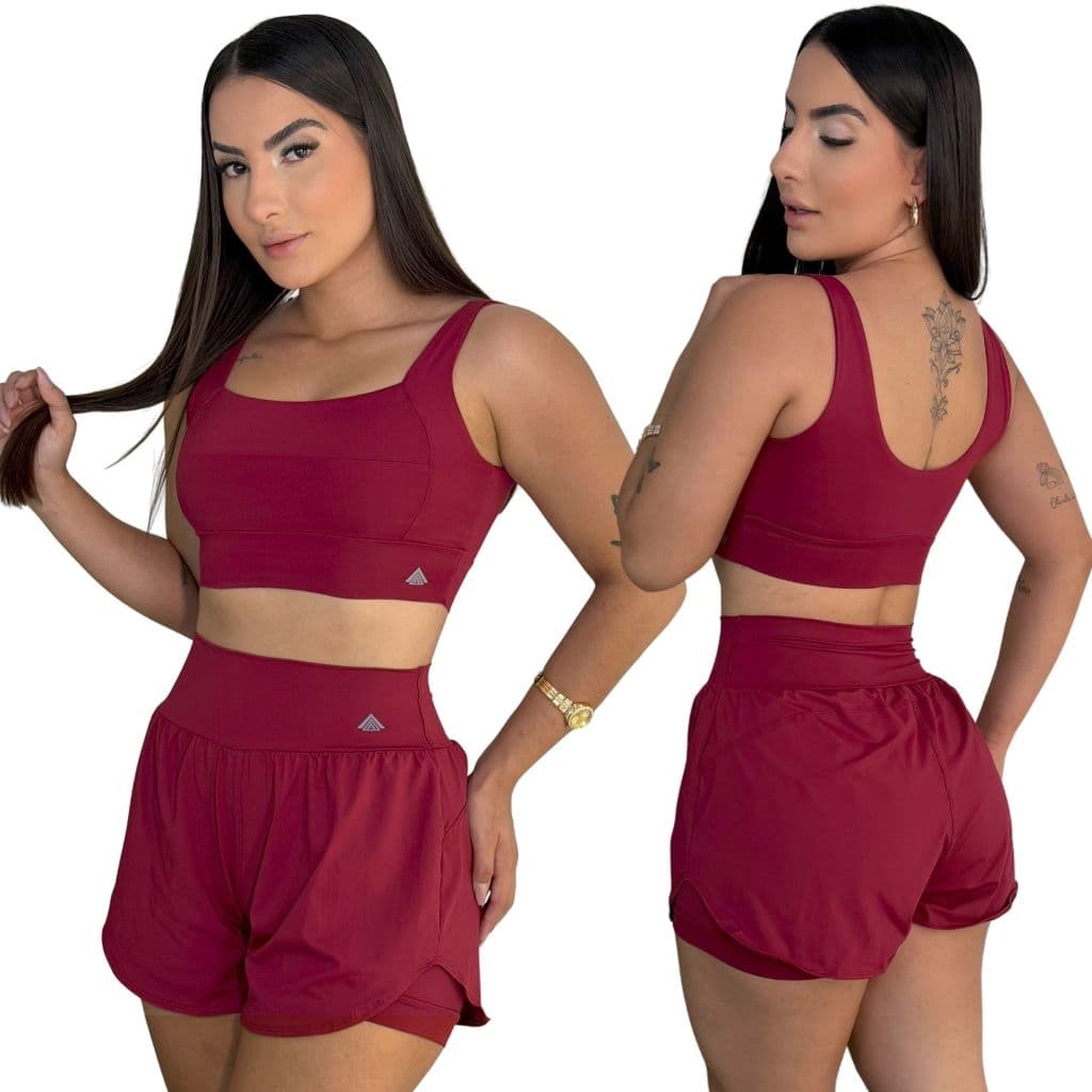 Conjunto Fitness Feminino  Roupa de Academia Short Duplo com Bolso Top Alça Larga Poliamida Premium
