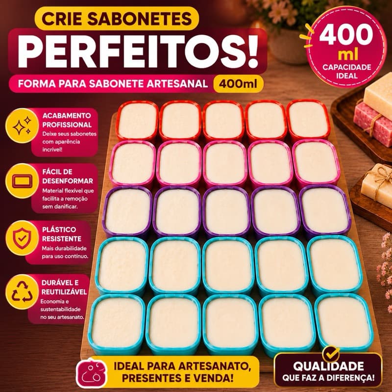 Kit Formas De Sabão Sabonete 400ml Plástico Reforçado Colorido Molde Barra Com Tampa Multiuso