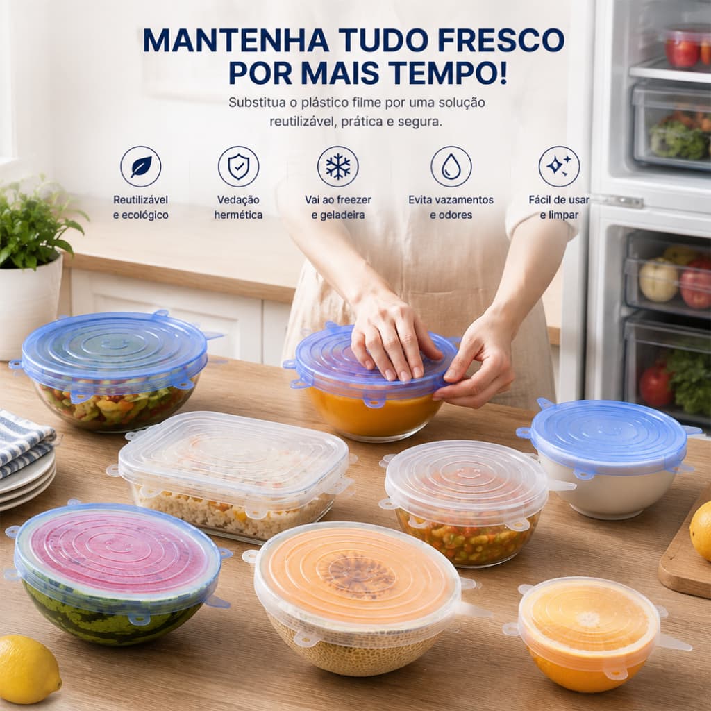 Kit 6 Tampas Elásticas Silicone Universal Vedação Total Reutilizável Fácil Limpeza Cozinha para Panelas Potes Geladeira