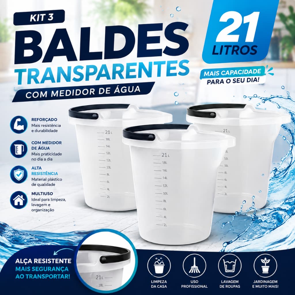 Balde 21L Transparente Reforçado Alta Resistência com Medidor de Água Alça Multiuso para Casa