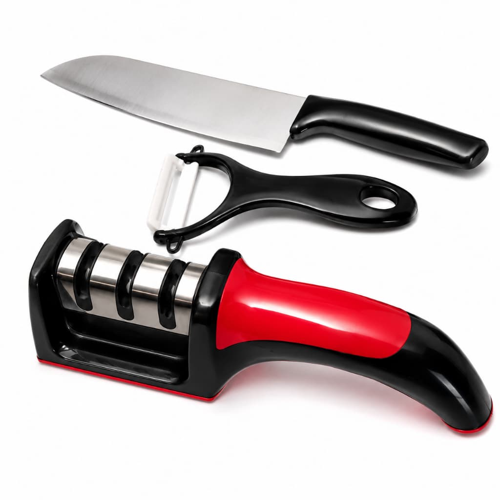 Kit 3 Peças Cozinha Faca + Afiador 3 em 1 + Descascador de Alimentos