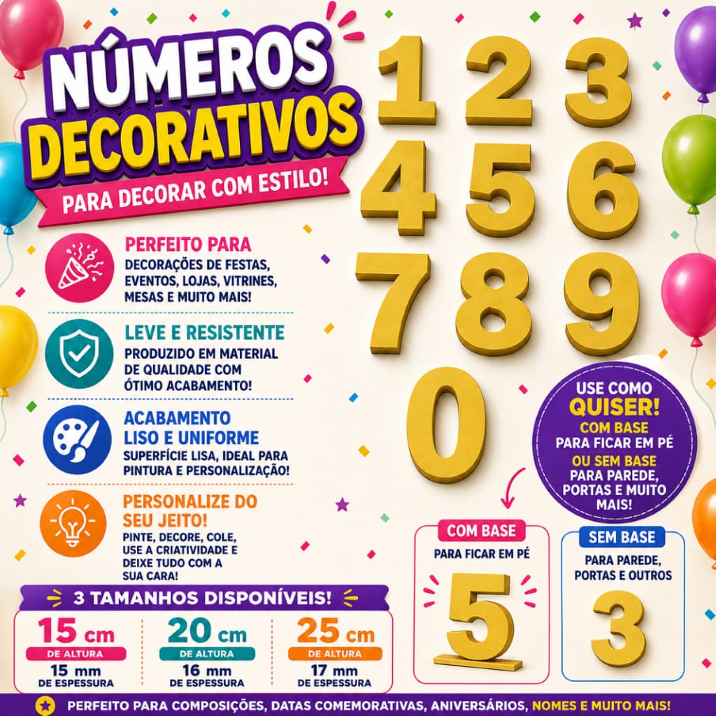 Números Decorativos 3D 0 a 9 | 15 20 25cm | Com ou Sem Base | Para Festas Decoração Mesa Parede Porta