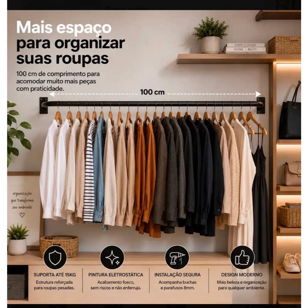 ARARA DE ROUPAS CABIDE PAREDE RETO 1,00M EXPOSITOR DE ROUPAS CABIDEIRO LOJA CASA
