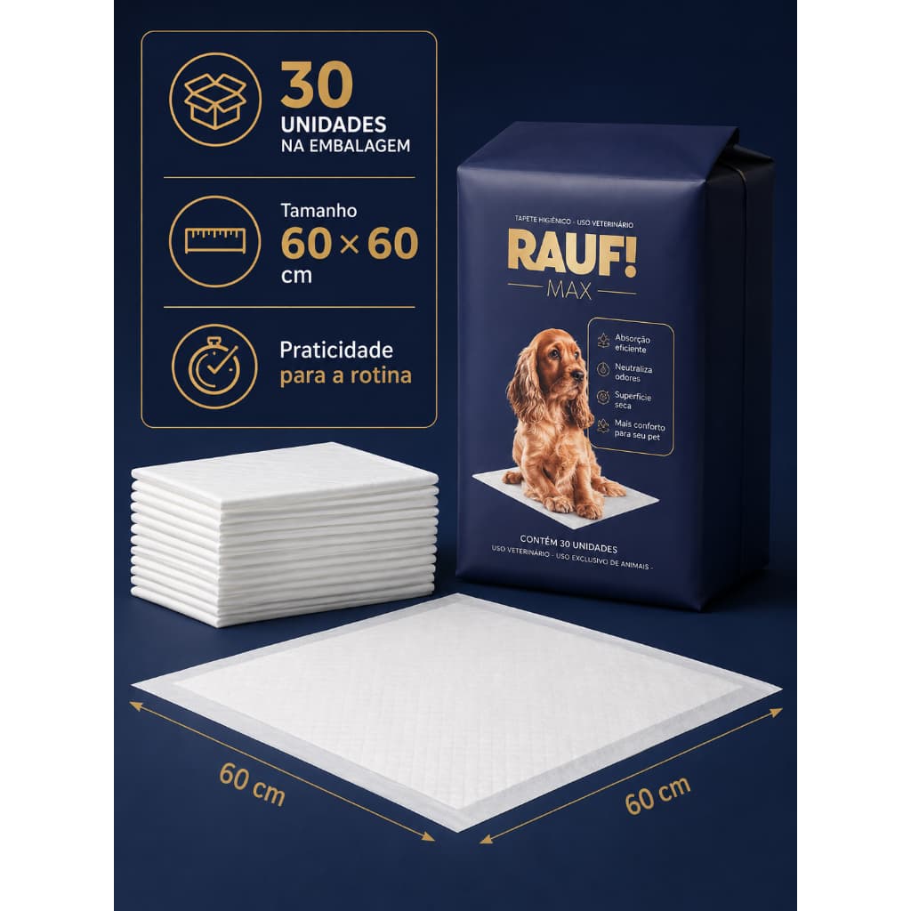 Tapete Higiênico Rauf Max 60x60cm 30 Unidades Super Absorvente para Cães Filhotes Antivazamento Treinamento Xixi Premium