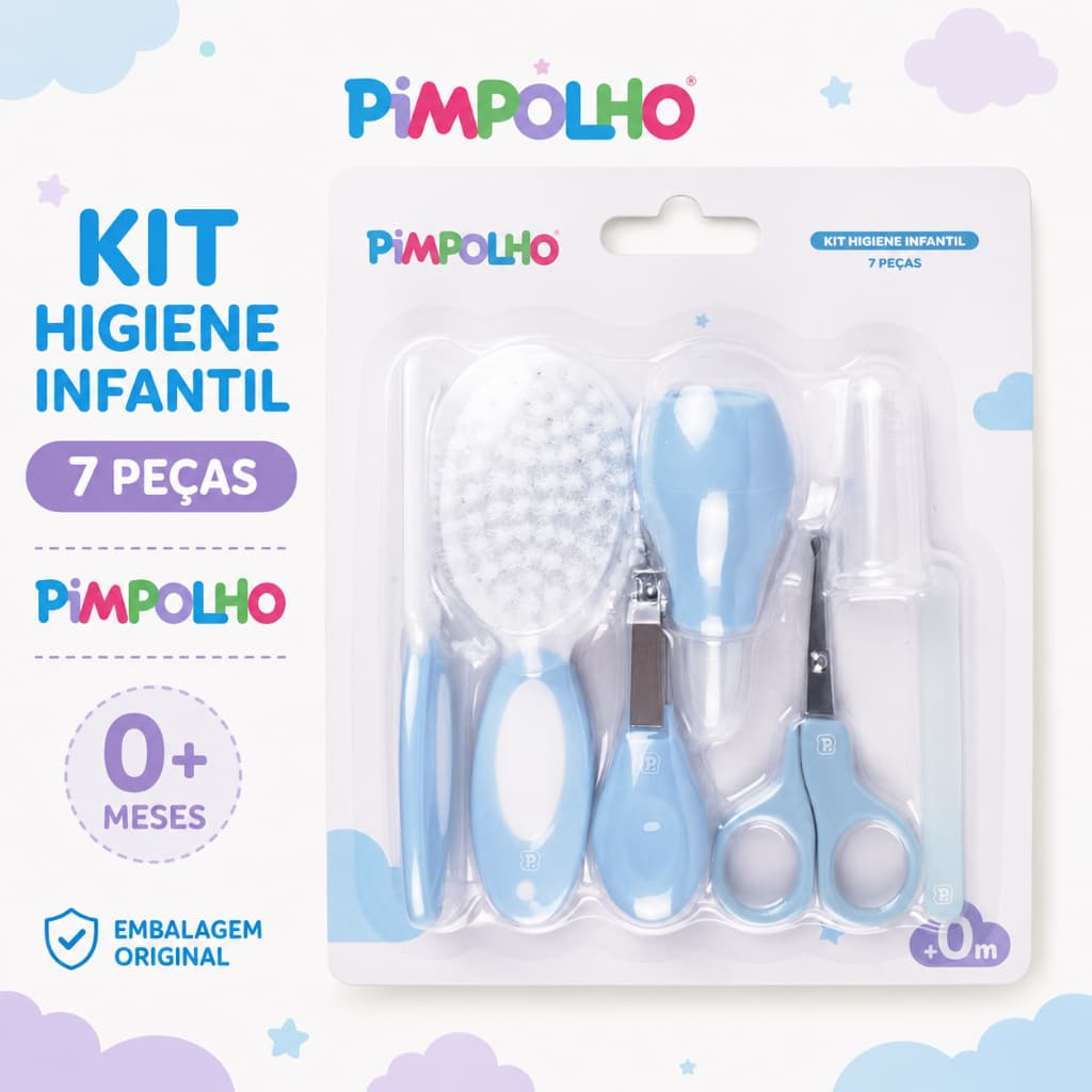 Kit Higiene Bebê Pimpolho 7 Peças Escova Pente Tesoura Cortador Aspirador Nasal 0+