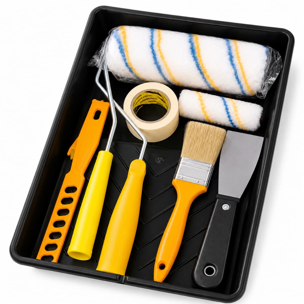 Kit de Pintura Completo 8 Peças com Rolo, Mini Rolo, Bandeja, Pincel, Espátula e Fita Crepe