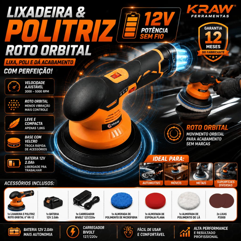 Lixadeira Politriz Roto Orbital 6 Pol a Bateria 12V 2Ah Automotiva Kit Polimento KRAW KK-12 Completa
