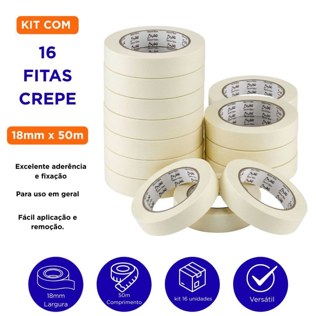 Fita Crepe 18mm X 50 Metros Com 16 Unidades Uso Geral Atacado