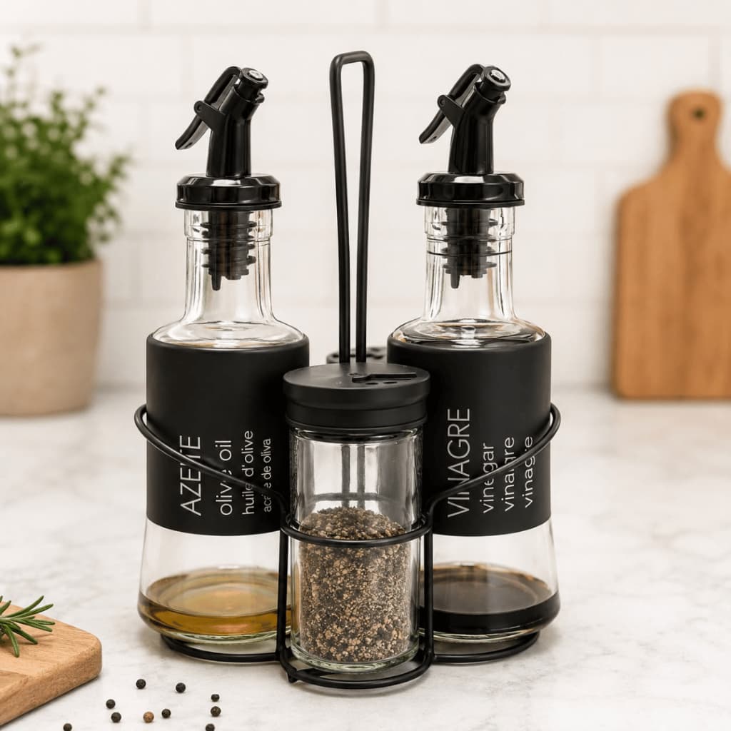 Galheteiro de Vidro c/ Suporte de Metal Porta Azeite Vinagre Tempero 4 Pçs Bico Dosador Super Oferta