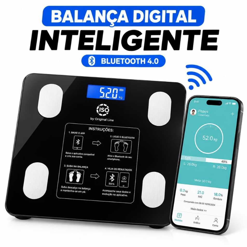 Balança Bioimpedância Corporal para Medição Bluetooth Digital Imc Vidro Uso Médico e Pessoal