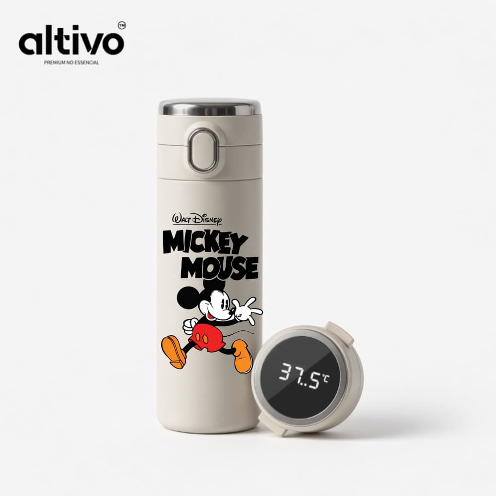 Garrafa Térmica Infantil Mickey Mouse Disney 420ml com Termômetro Digital em Aço Inoxidável