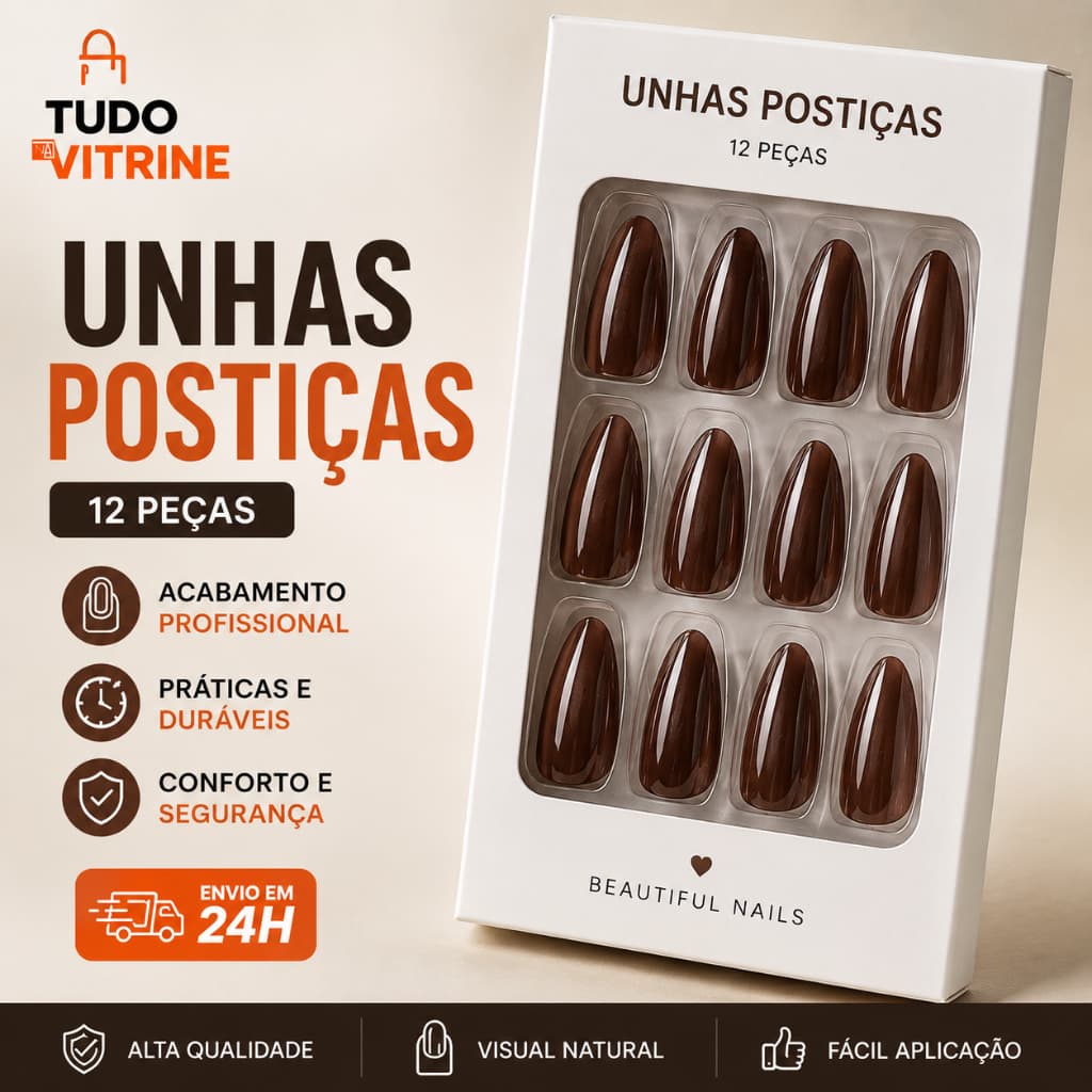 Unhas Postiças Marrom com Brilho 12 Peças Efeito Natural Elegante Fácil Aplicação