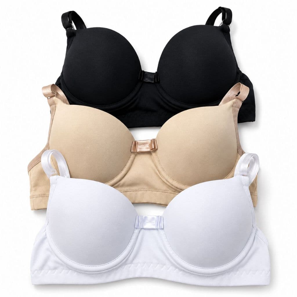 KIT COM 3 SUTIÃS REFORÇADO BOJO SUTENTAÇÃO PRETO, BRANCO, BEGE SUTIA COMFORT LISO BÁSICO, ALÇA AJUSTAVÉL.