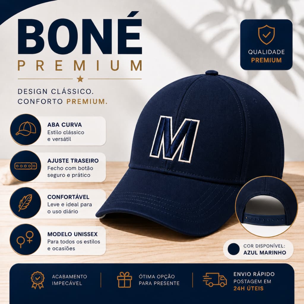 Boné Unissex com Letra M Bordada Azul Marinho Ajustável Aba Curva