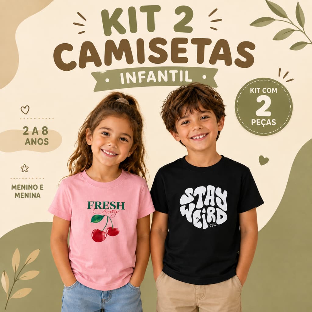Kit 2 Camisetas Infantil Blusas SORTIDAS de 2 a 8 Anos 100% Algodão Menino e Menina Modinha