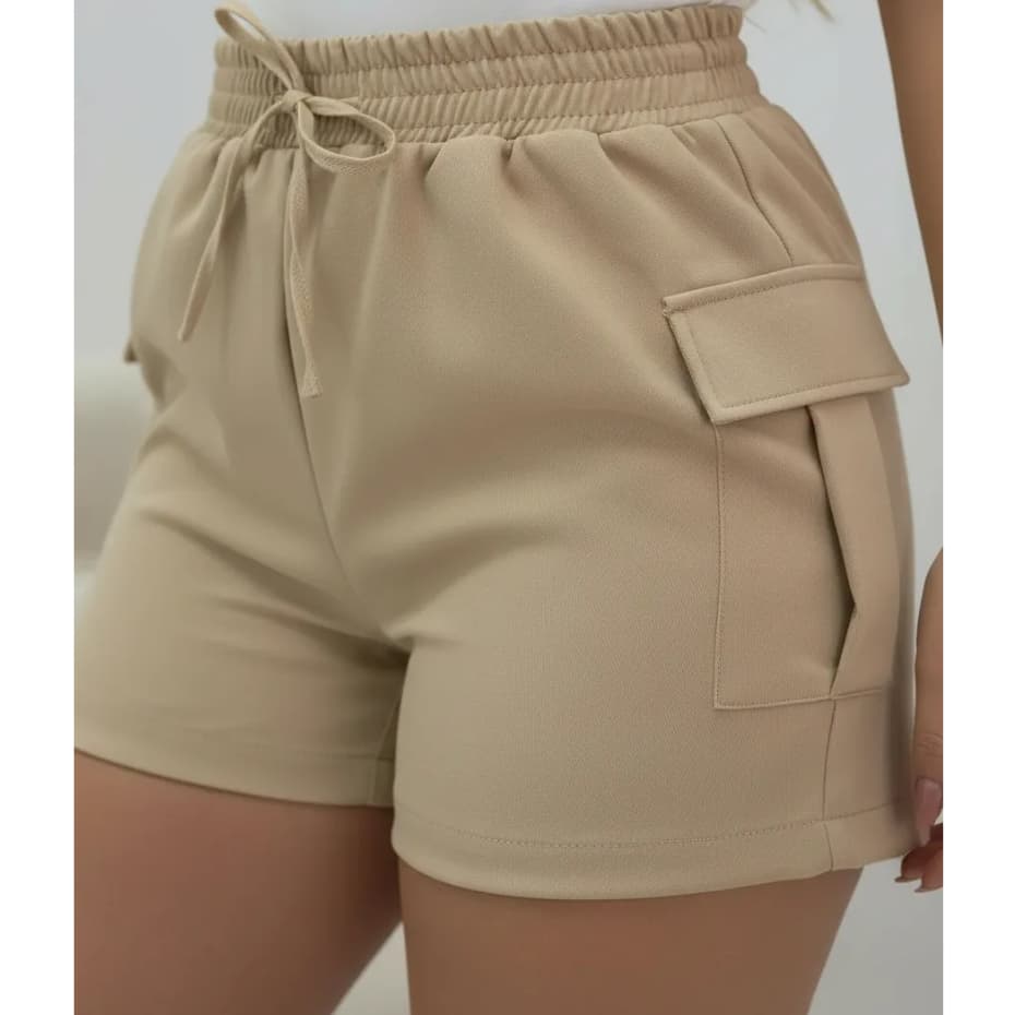 Bermuda Shorts Feminino Cintura Alta Bolso Cargo Moletinho Casual Leve Moderno Soltinho