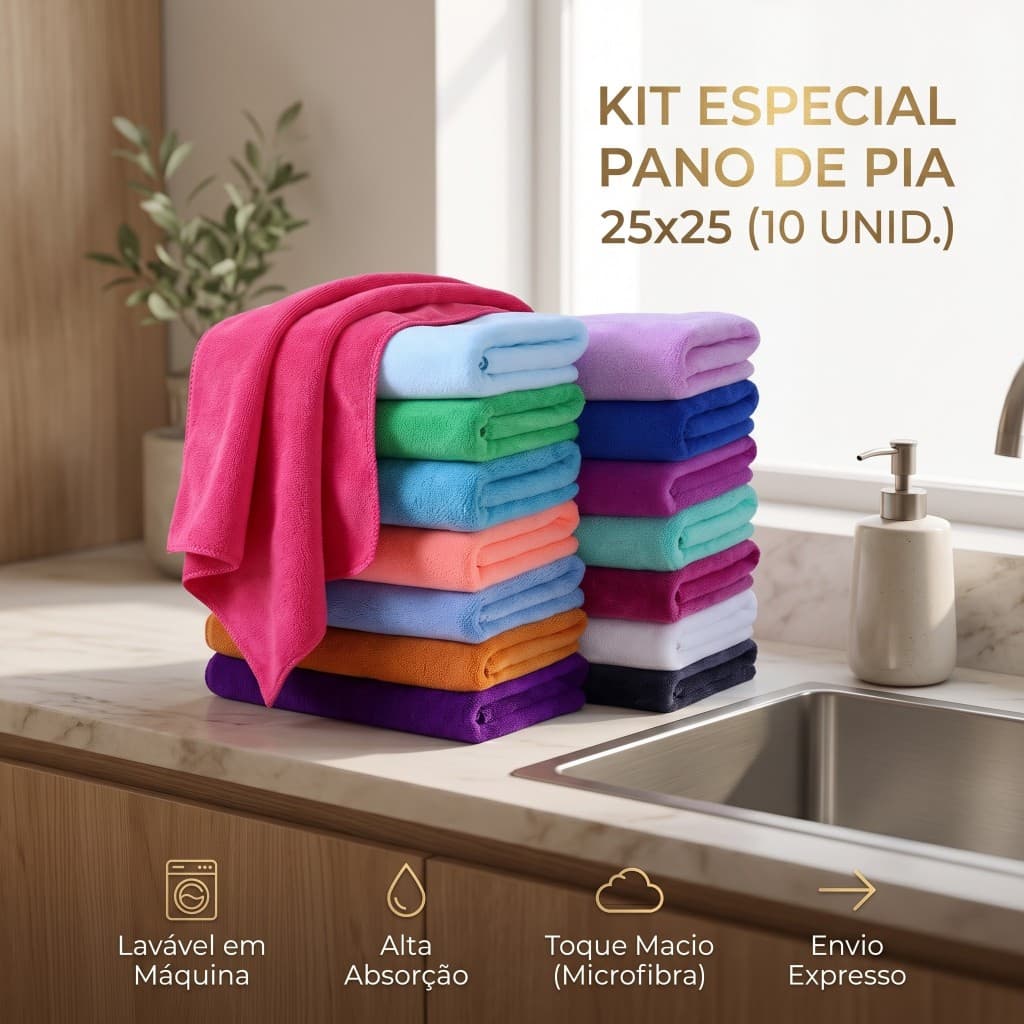 Kit 10 Panos De Pia Microfibra 25x25cm Alta Absorção Multiuso Limpeza Cozinha - Envio Imediato