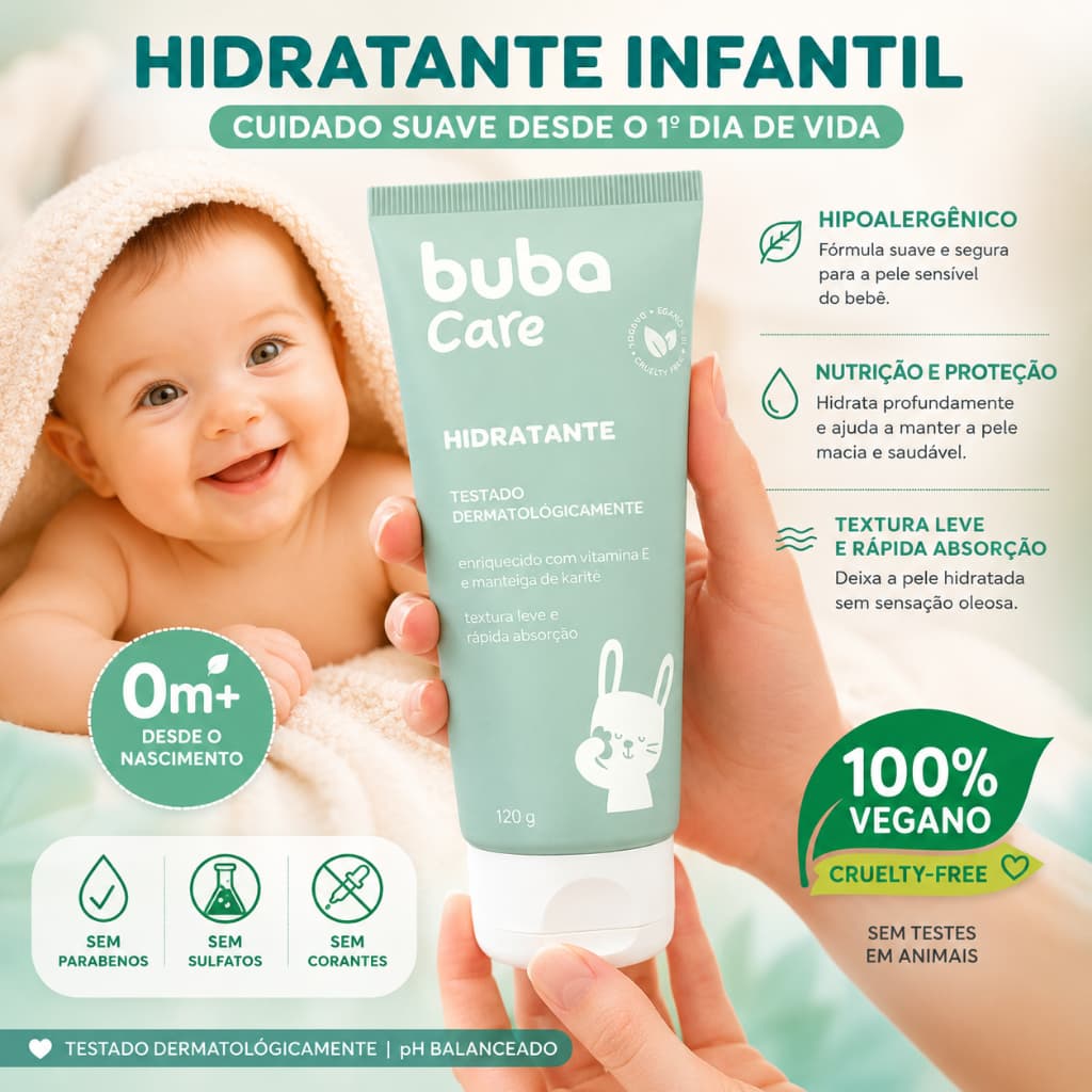 Creme Hidratante Infantil Bebê Buba Care 120ml Corporal Natural Vegano Pele Sensível Karité e Camomila