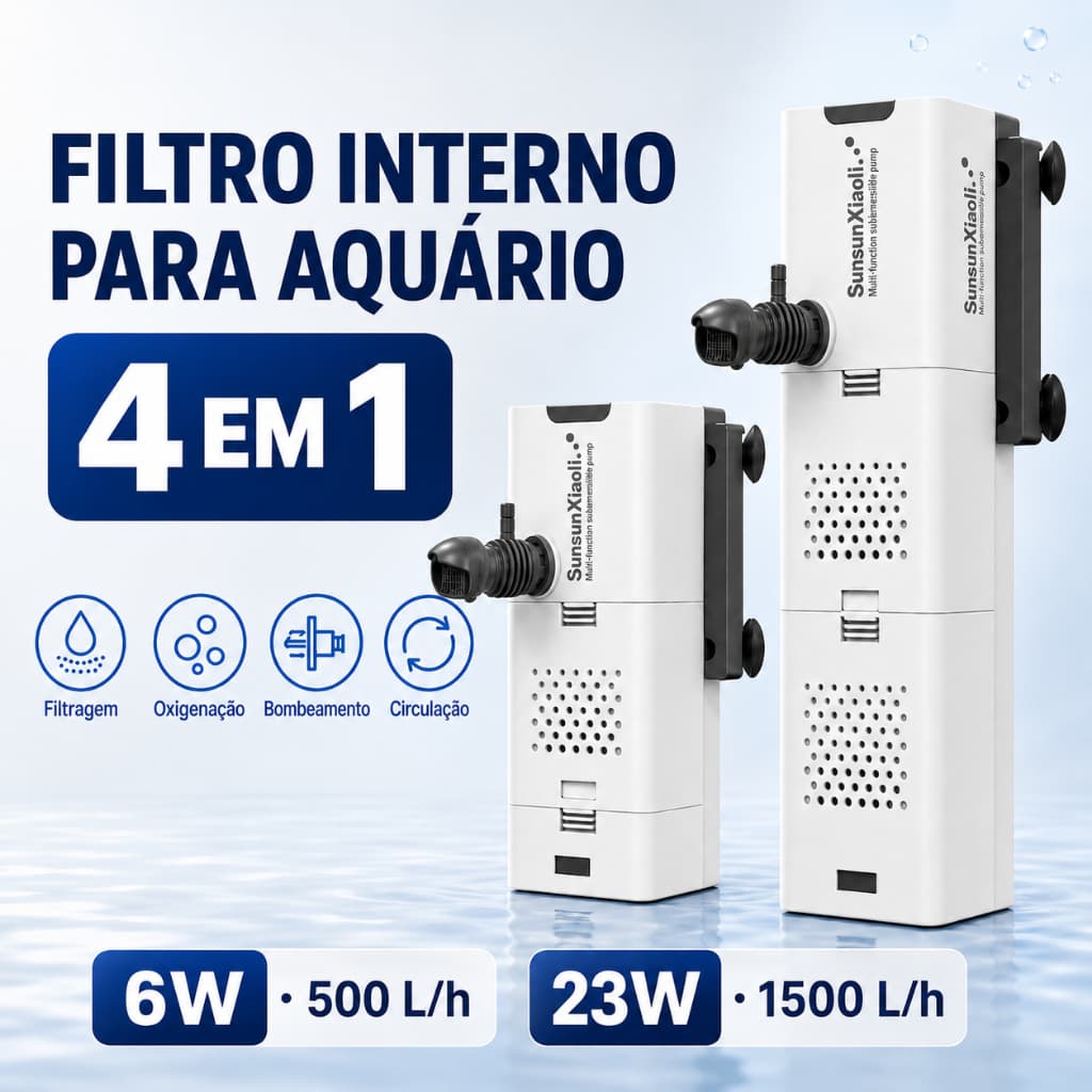 Filtro Interno para Aquário 4 em 1 500L/h ou 1500L/h com Oxigenação, Circulação e Bomba Submersível 6W/23W