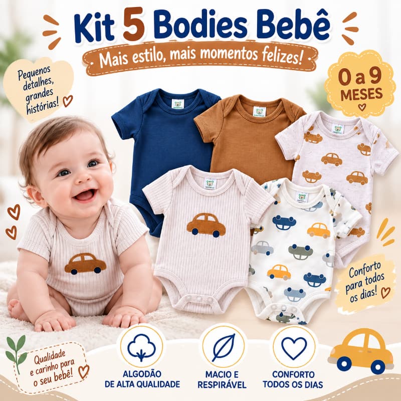 Kit 5 Bodies Bebê Manga Curta Algodão Body Infantil Recém-Nascido 0 a 9 Meses TM-88