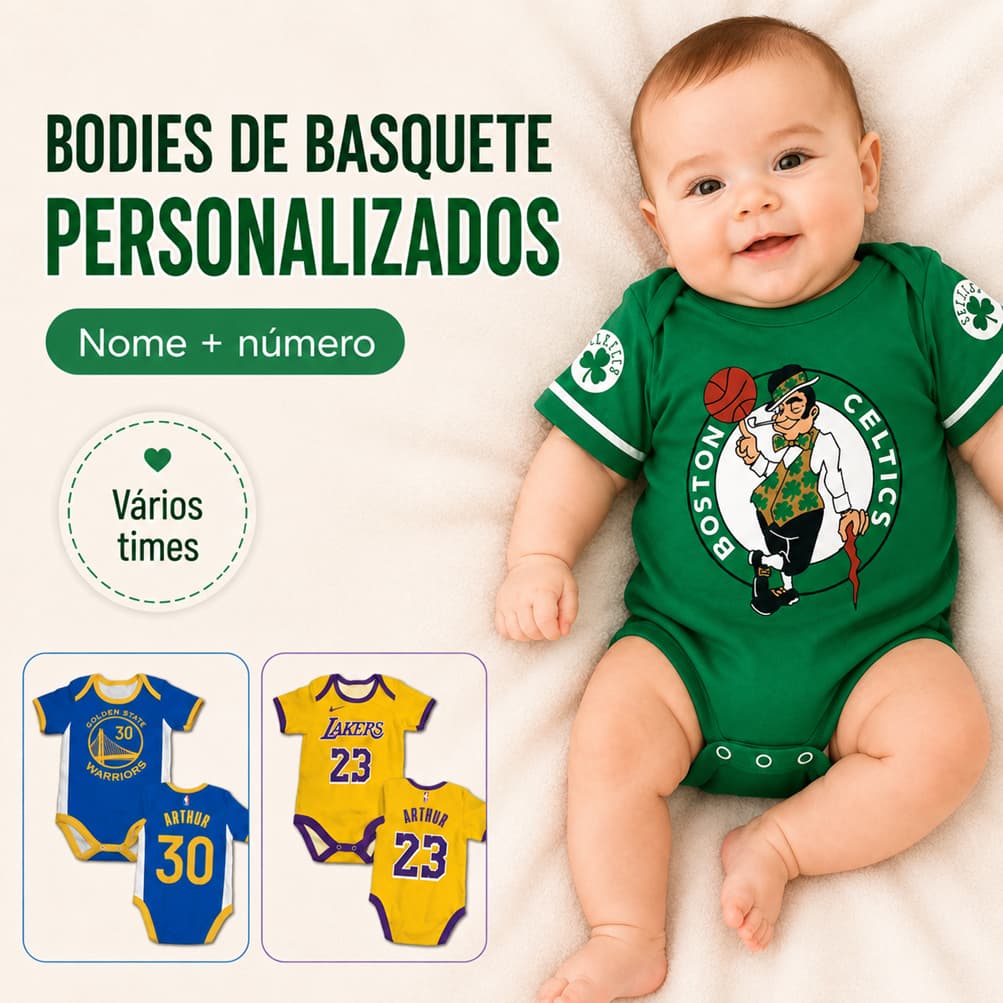 Body Bebê Basquete Personalizado com Nome e Número Times NBA Mesversário