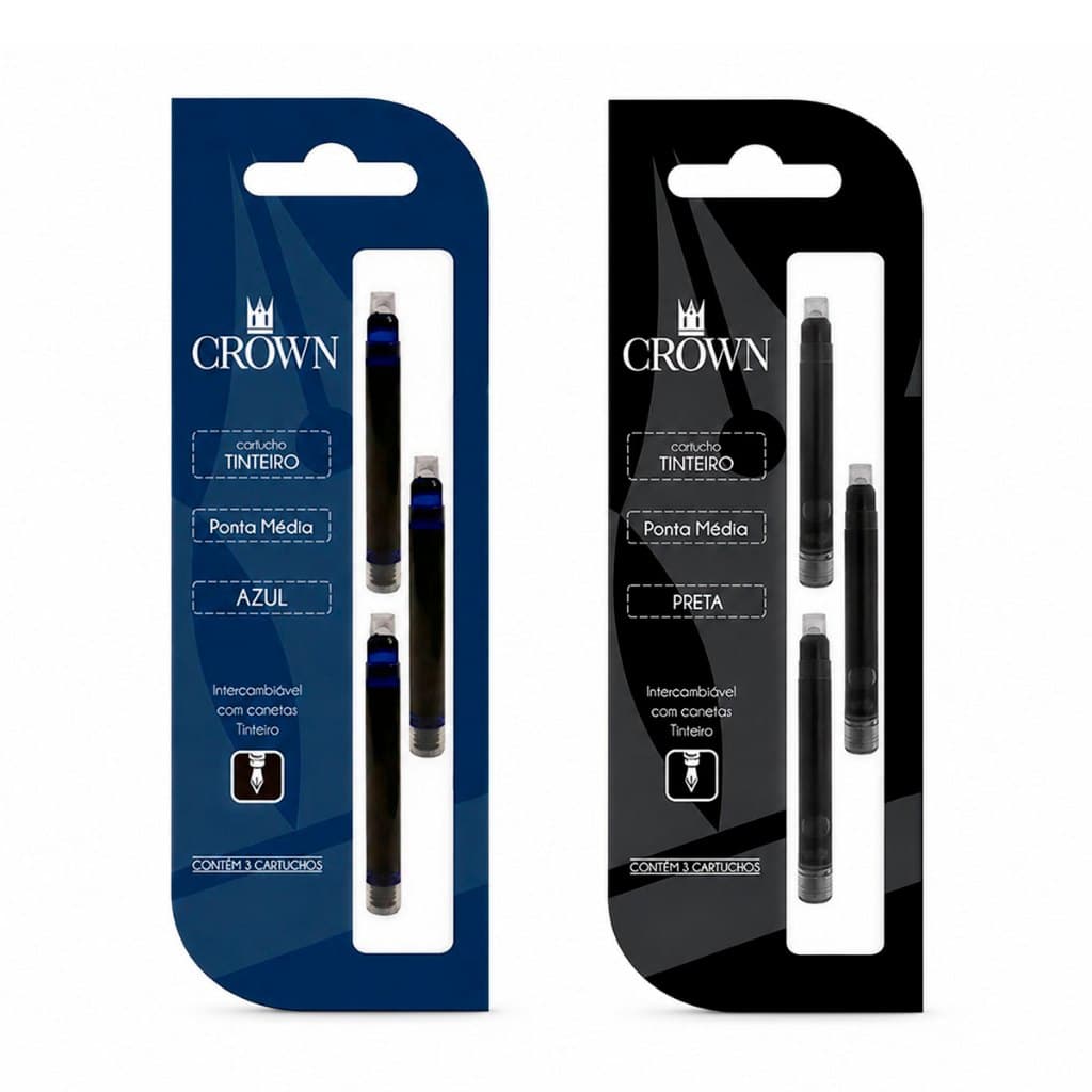 Carga Refil Caneta Crown Tinteiro Azul ou Preta 1 Unidade C/ 3 Cartuchos Recarga Original Alta Qualidade
