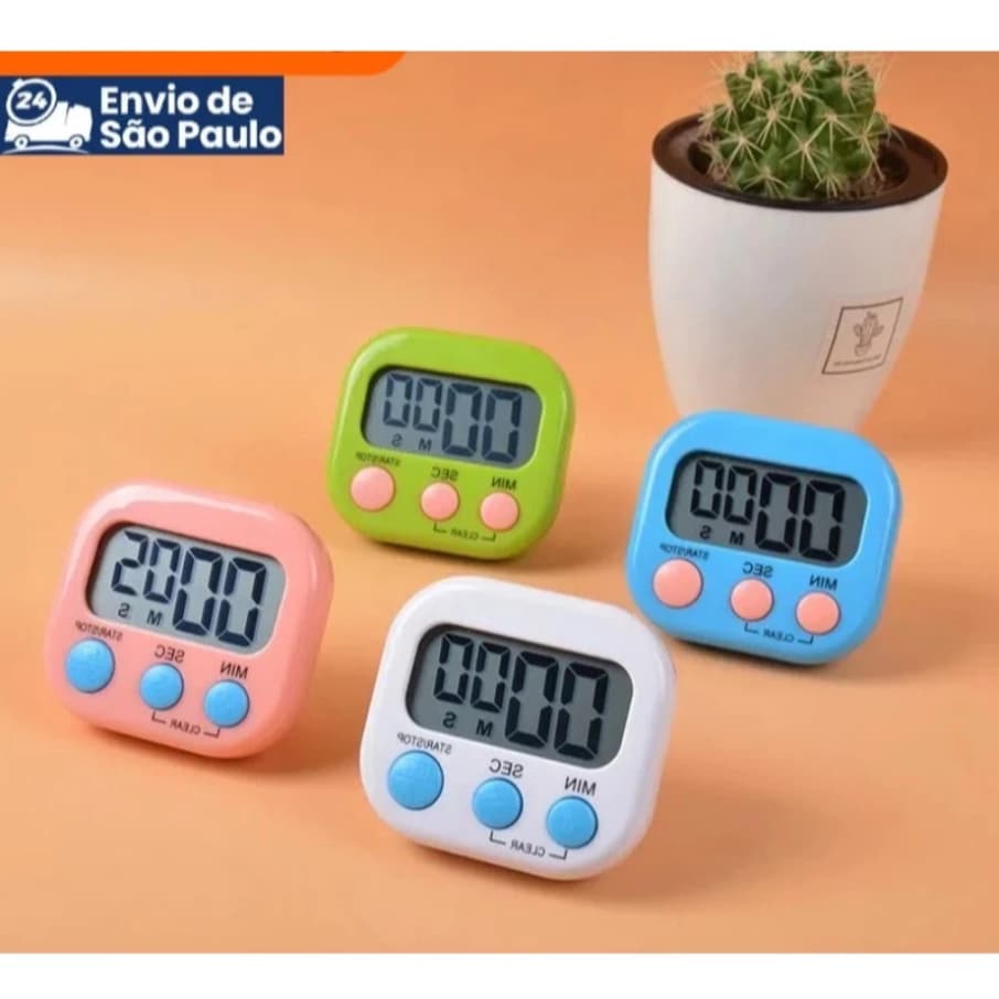 Relógio Timer Digital Temporizador Portátil Cronometro Magnético P/Cozinhar Preto Branco Rosa Azul