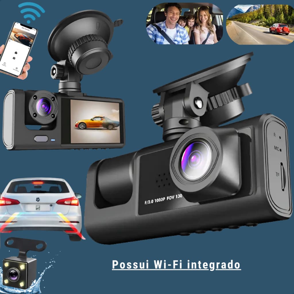 Câmera Veicular Automotiva Wi-Fi Dupla + Camera de Ré G-Sensor Movimento Filma Interna Externa Traseira