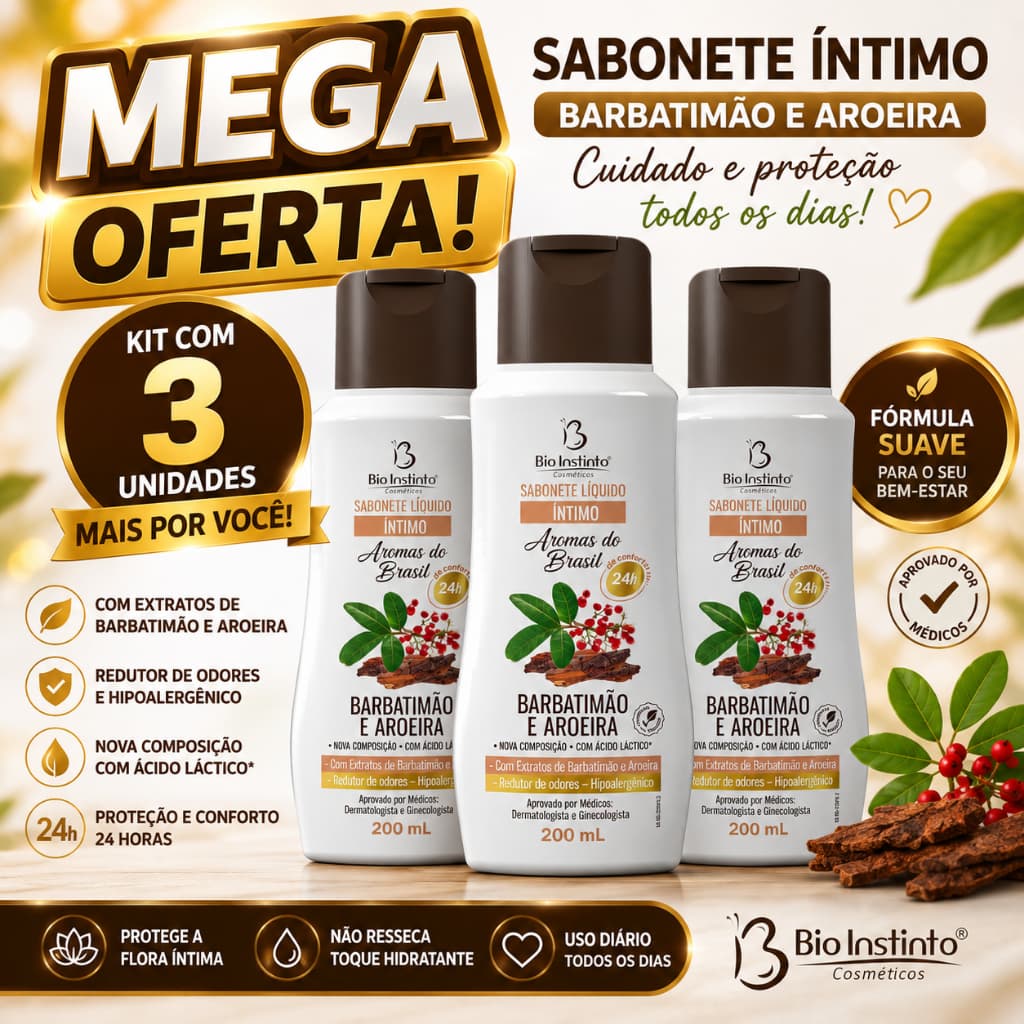 Kit 3un Sabonete Íntimo Bio Instinto Barbatimão e Aroeira 200ml