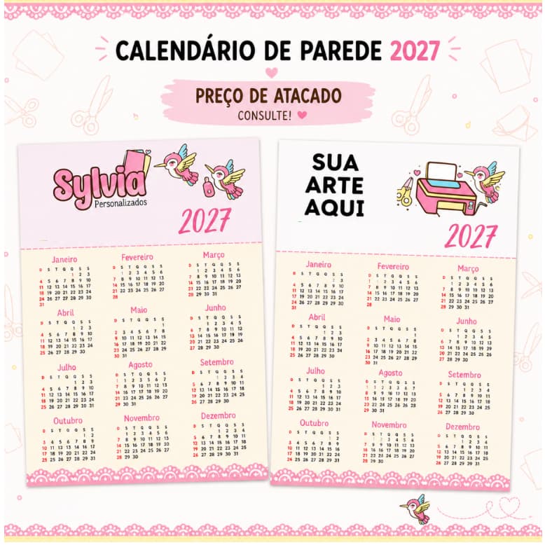 CALENDÁRIO DE PAREDE PERSONALIZADO PLASTIFICADO 2027 A4