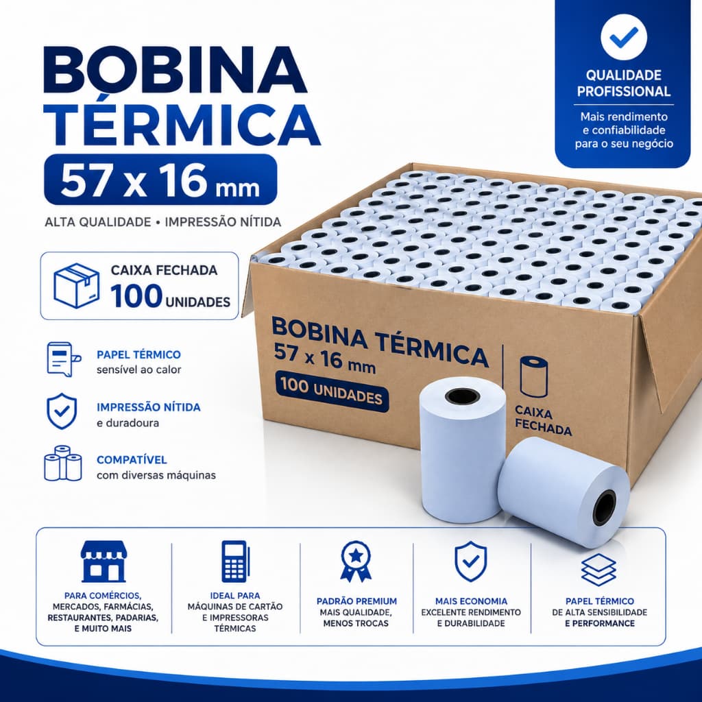 Caixa 100 Bobinas Térmicas 57x16m Compatível Cielo Rede Getnet SafraPay Máquina Cartão