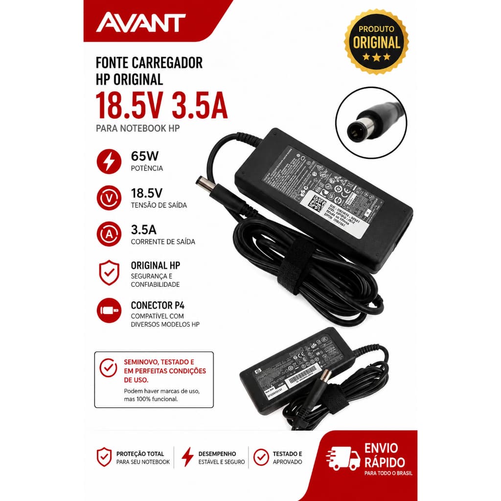 FONTE HP ORIGINAL 65W – 18,5V 3,5A – PINO GROSSO - SEMINOVO
