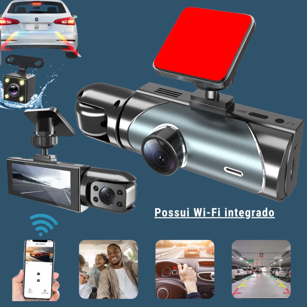 Câmera Veicular Automotiva Wifi Dupla + Camera Ré Dvr Filma Motorista Passageiro Aplicativo Gsensor Interna Externa