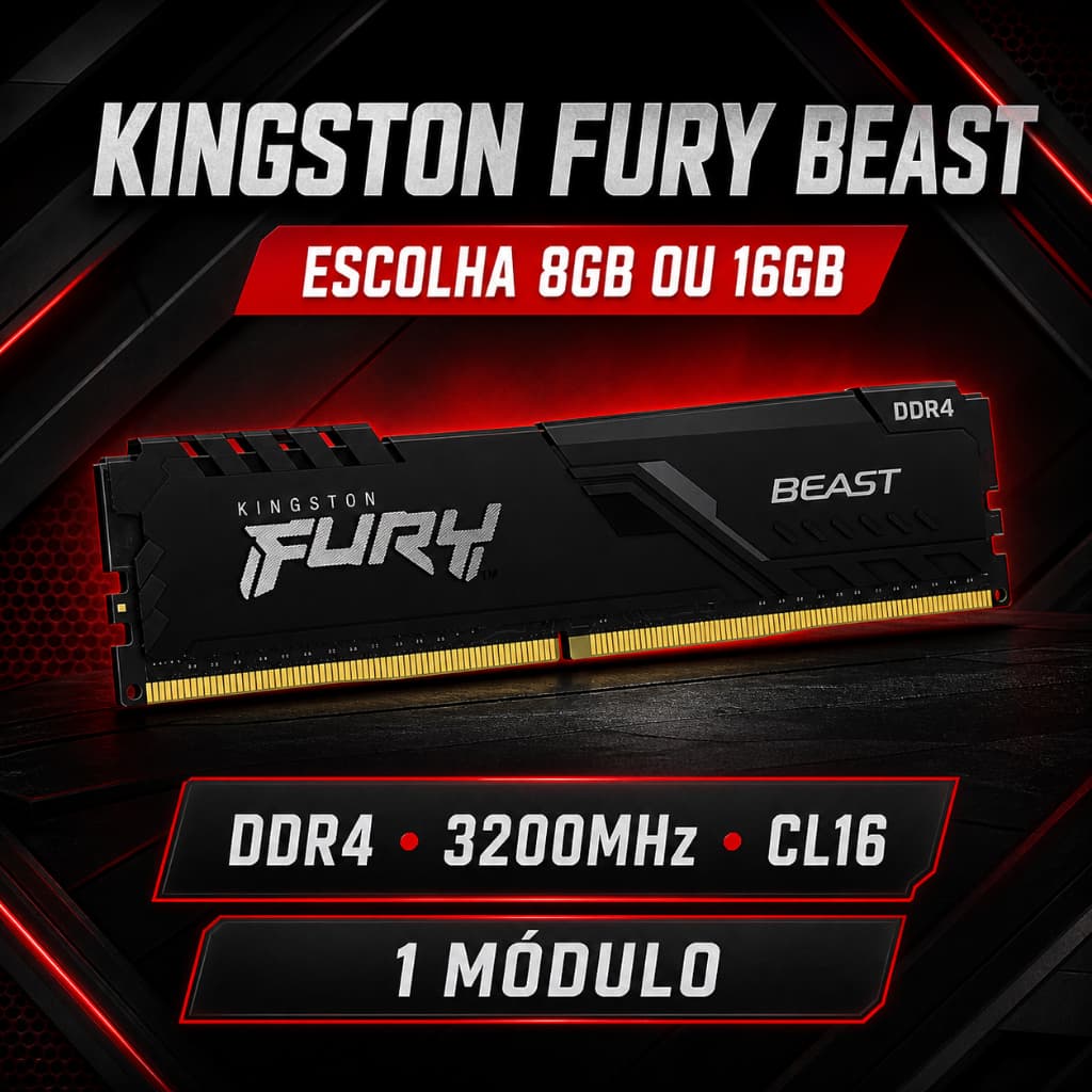 Memória RAM Kingston Fury Beast 16GB DDR4 3200MHz CL16 XMP 2.0 Desktop KF432C16BB/16